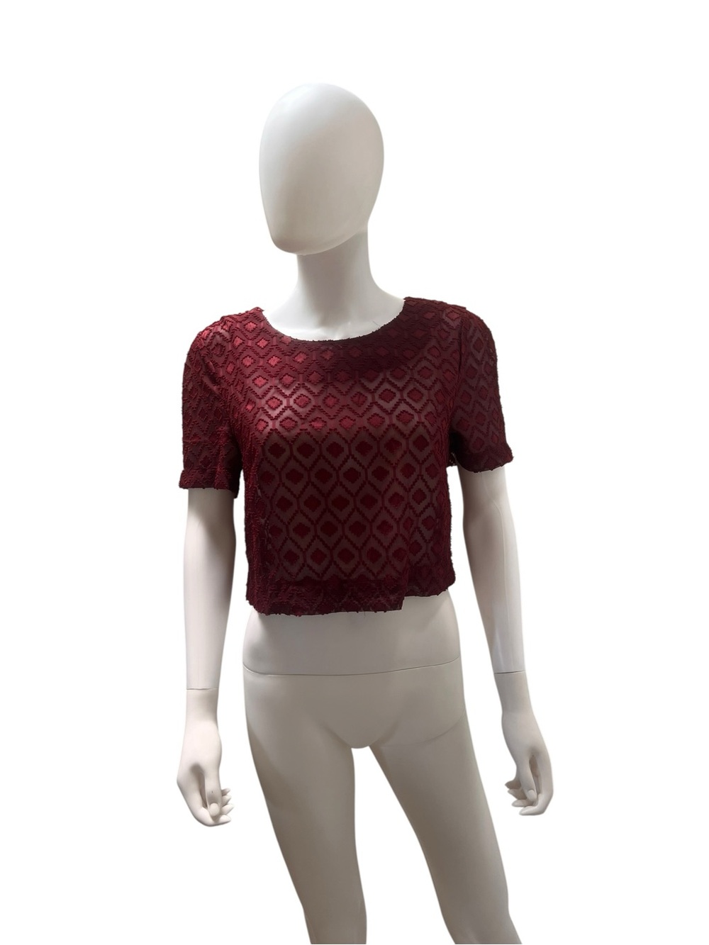 bishop + young Burgundy Lace Short Sleeve Crop Top. Boho. Size M.